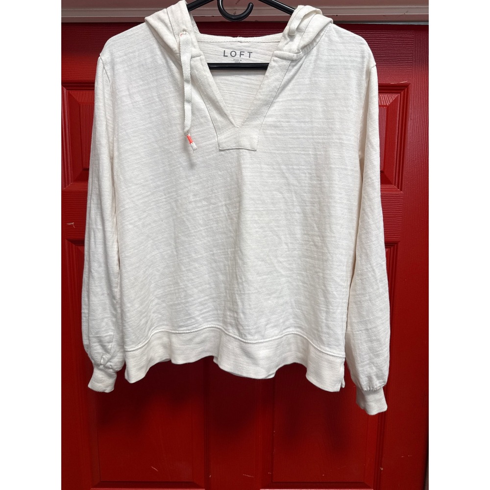 Loft Womens Cream Slub Knit V-Neck Hoodie Sweatshirt Small Neon Orange Detail